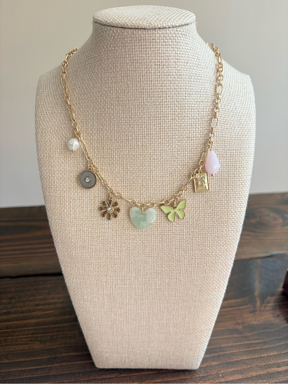 Melrose and Market Gold Charm Necklace with Light Green Heart & Pastel Pink Drop